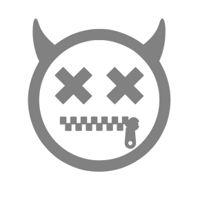 Gray icon of a face with horns, crossed-out eyes, and a zipper mouth on a white background