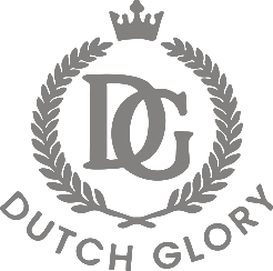 Gray logo of Dutch Glory with a crown and laurel wreath on a white background