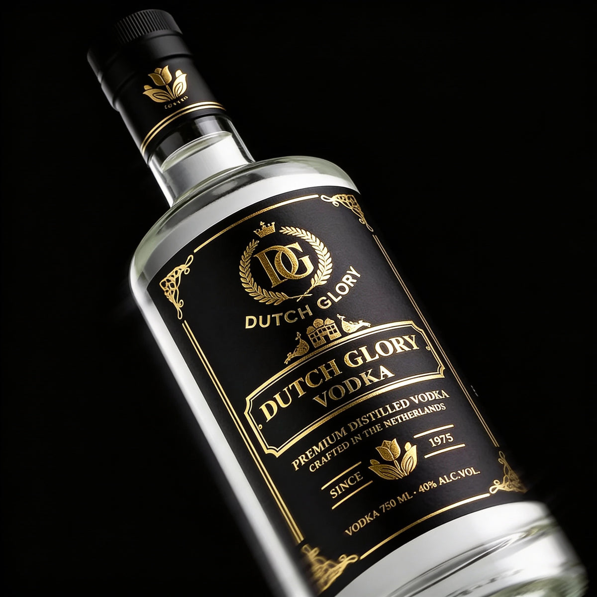Dutch Glory Vodka bottle with ornate label on a black background