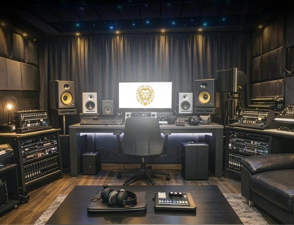 Professional audio studio with equipment, computer monitor, and speakers.