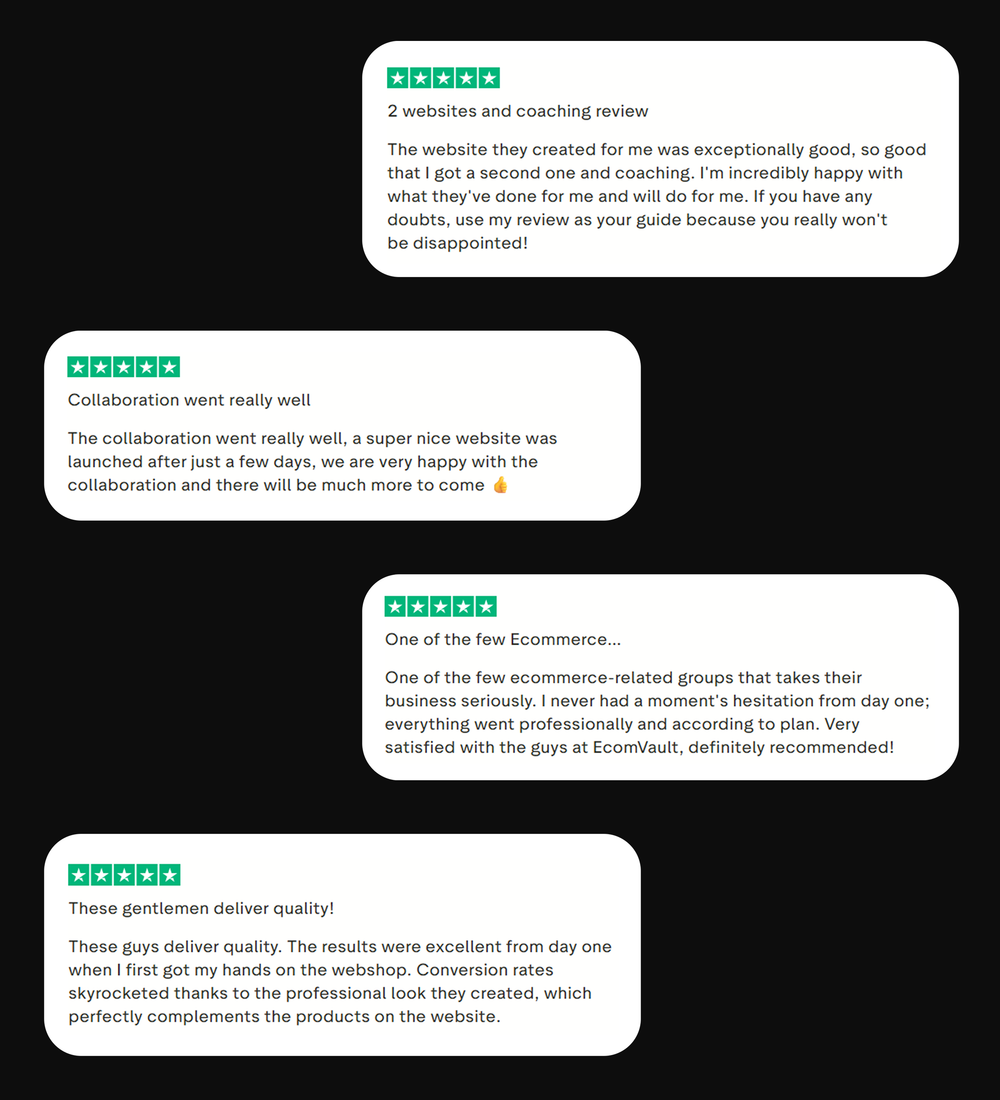Reviews of a website and coaching service on a black background